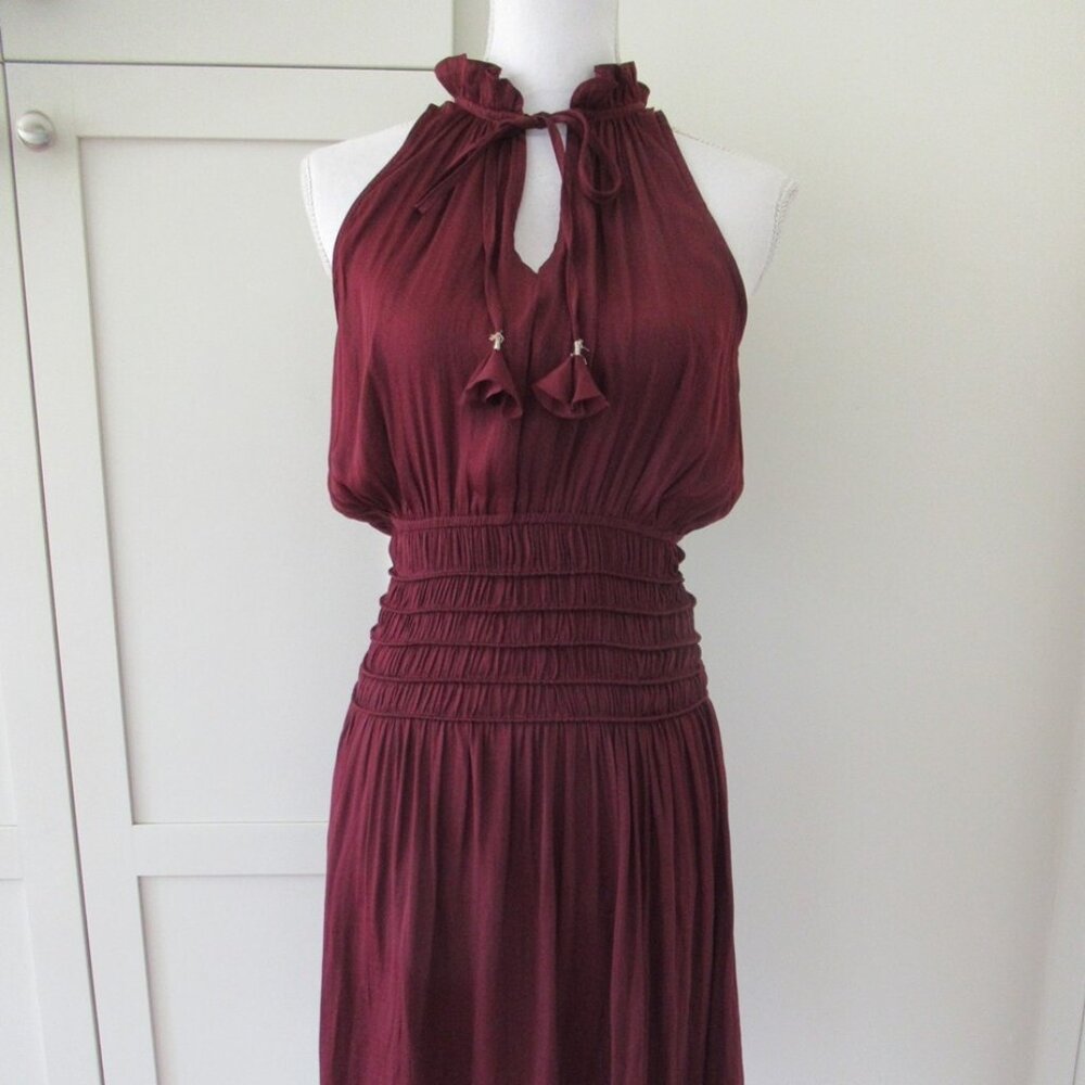 Current Air Deep Maroon Ruched Sleeveless Ruffle Dress